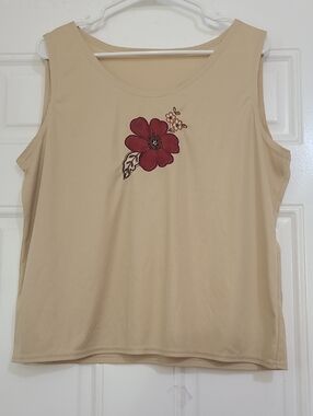 Beige Sleeveless Tank Top with Red Floral Applique